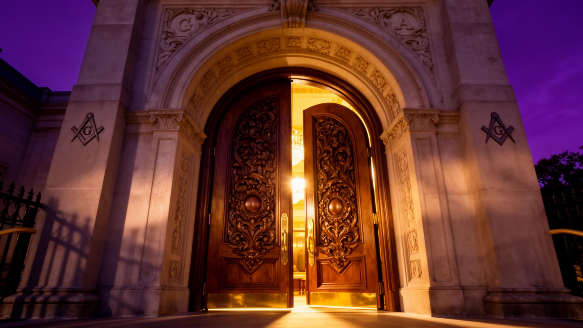 Grand lodge doorway opening to golden light