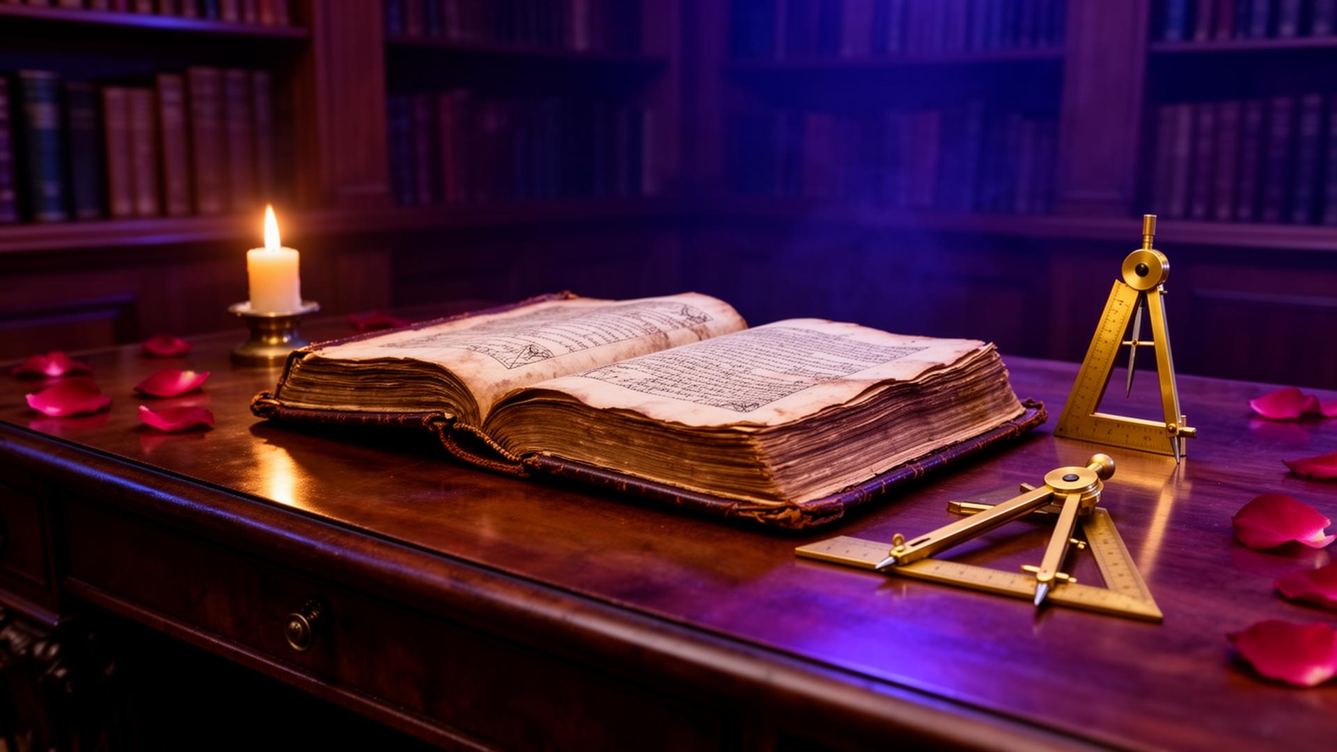Ancient book with compass tools in a candlelit library setting