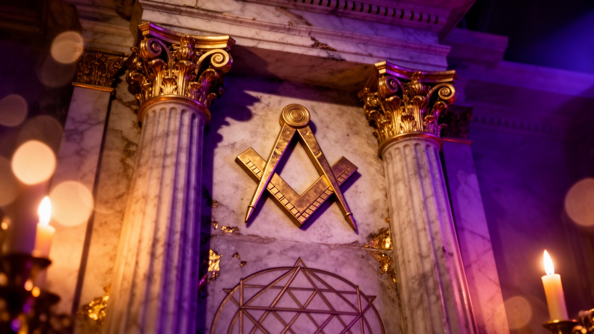 Ornate Masonic architectural detail with golden compass