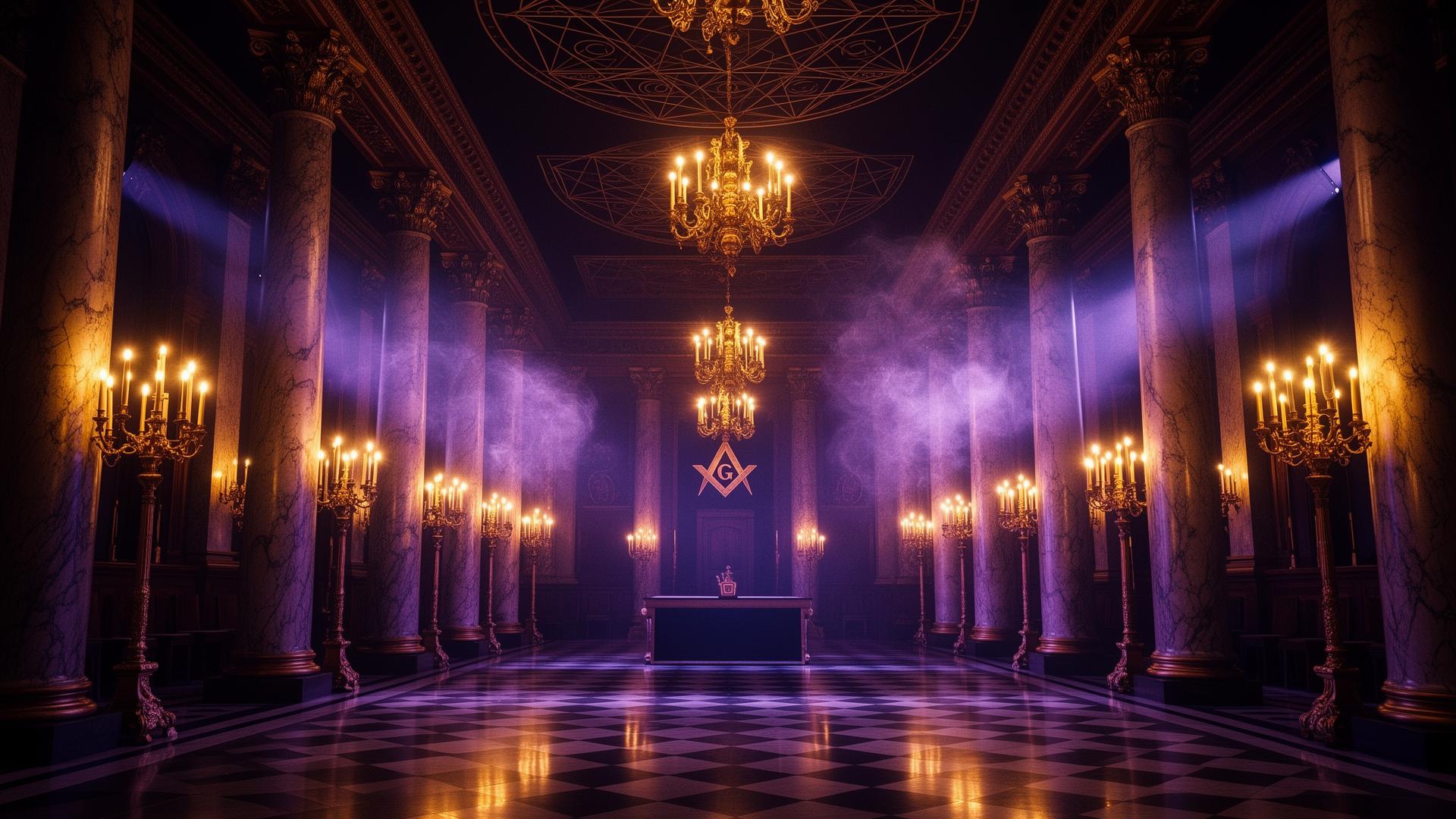 Grand lodge hall interior with dramatic candlelight